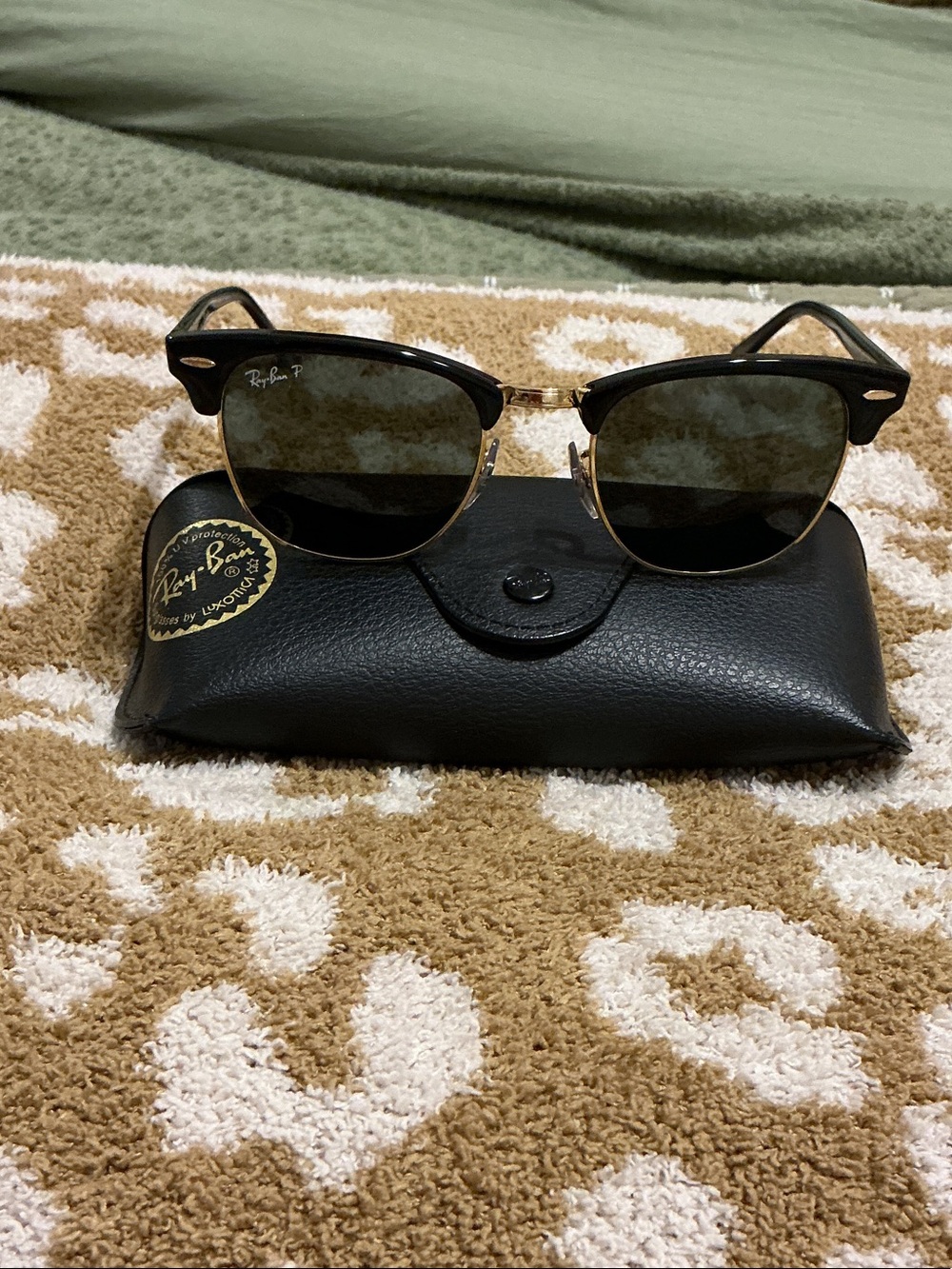 Ray-Ban Black and Gold Clubmaster Sunglasses with Green Lenses